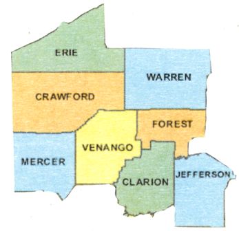 Map of Northwestern Pennsylvania showing Erie, Crawford, Warren, Mercer, Venango, Forest, Clarion, and Jefferson Counties