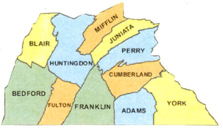 Southcentral Pennsylvania map showing Blair, Huntingdon, Mifflin, Juniata, Perry, Cumberland, Bedford, Fulton, Franklin, Adams, and York Counties