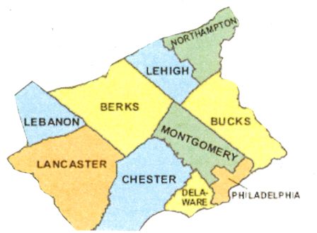 Map of southeastern Pennsylvania, including counties of Lebanon, Berks, Lehigh, Northampton, Lancaster, Chester, Montgomery, Bucks, Delaware, and Philadelphia