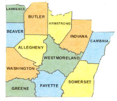 Map of southwest Pennsylvania with counties of Lawrence, Butler, Armstrong, Indiana, Cabria, Beaver, Allegheny, Westmoreland, Washington, Greene, Fayette, and Somerset.